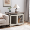 Farmhouse Dog Cage Crate Furniture with Sliding Barn Door, Farmhouse Wooden Dog Kennel End Table with Flip-top Plate Dog House with Detachable Divider