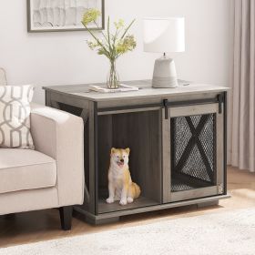 Farmhouse Dog Cage Crate Furniture with Sliding Barn Door, Farmhouse Wooden Dog Kennel End Table with Flip-top Plate Dog House with Detachable Divider (Material: MDF+Metal, Color: Gray Wash)